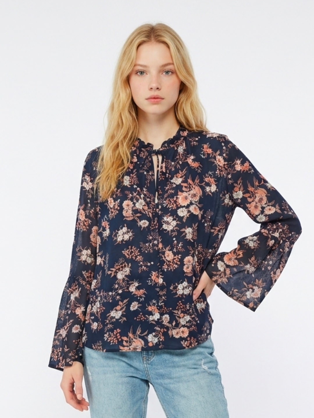 Lucky Brand Navy Floral Tie-Neck Blouse with Peach Accents